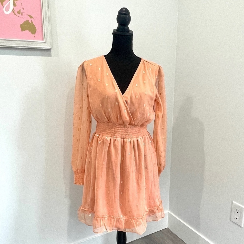 NSR Peach Polka Dot V-Neck Midi Long Sleeve Dress